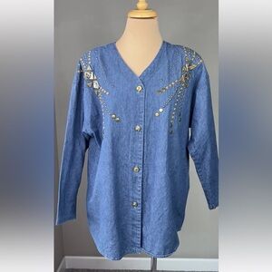 Vintage 90's R&B Bejeweled Studded Chambray Denim Oversized Top Women's L